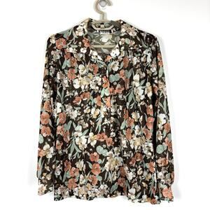 Vintage Teddi Floral Popover Blouse 70s Earth tones Brown USA roll tab sleeves